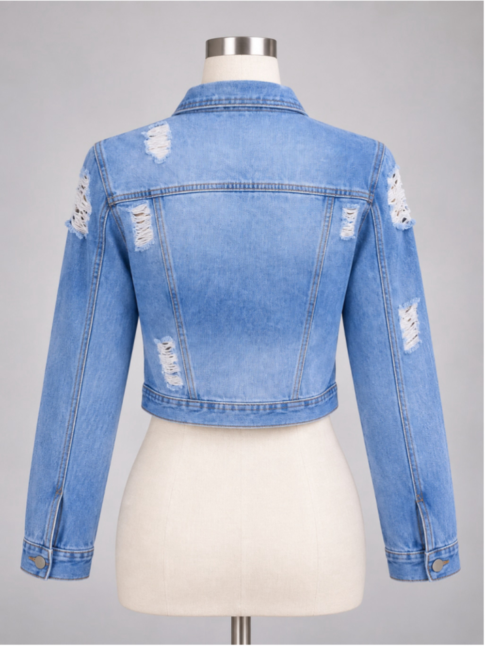 Distressed Blue Ripped Button-Up Denim Jacket – Size M - Picture 7 of 8